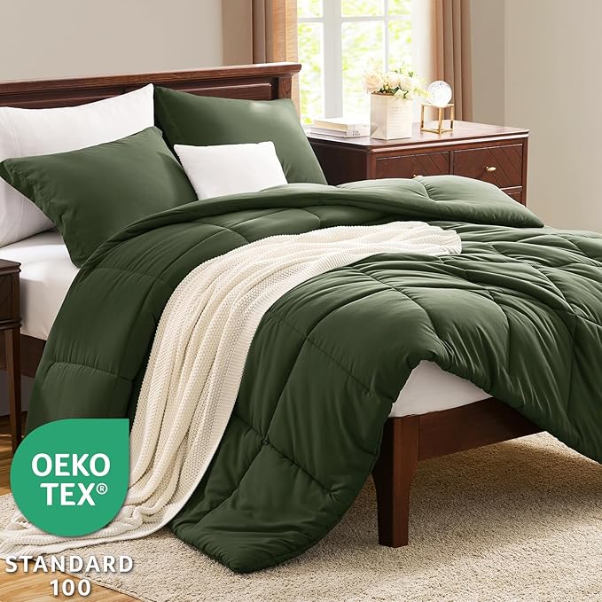 CozyLux Full Size Comforter Sets - Olive Green Comforter Full Size, 3 Pieces Box Stitched Bed Set for All Seasons, Soft Lightweight Bedding Sets with 1 Down Alternative Comforter and 2 Pillow Shams