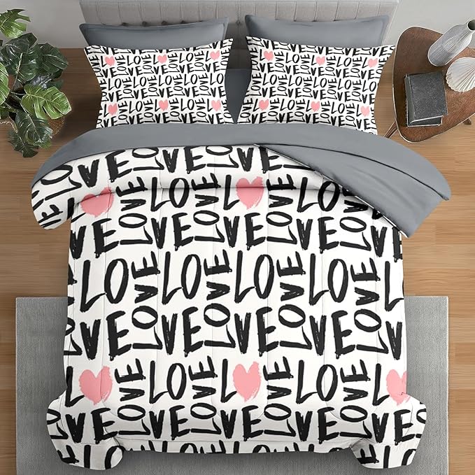 Comforter Set Twin Size, Love Heart 5 Pcs Bedding for Kids and Adults, Black and Pink Bedding Sets with Fitted Sheet Pillowcase & Sham for Bedroom Bed Decor