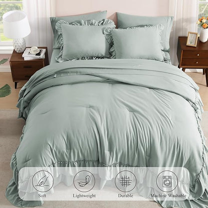 Full Comforter Set Sage Green, Ruffle Shabby Chic Bedding Set Farmhouse 7 Pieces, All Season Fluffy Bed in a Bag with Sheets, Pillowcases & Shams