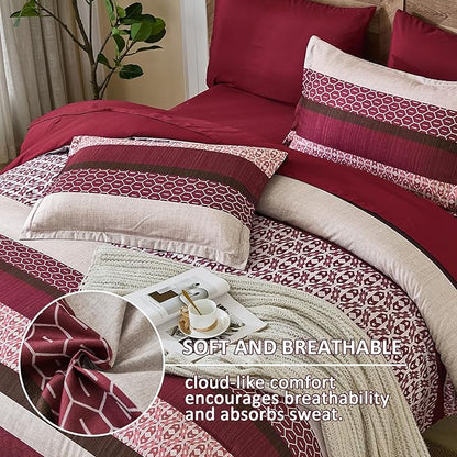 DJY Boho Comforter Set King Size,7 Pieces Bed in a Bag Burgundy Red Striped Bedding Sets,Patchwork Soft Microfiber Bedding Set for All Season(104"x90")
