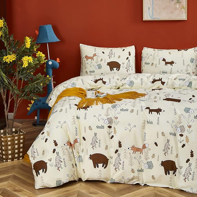 CLOTHKNOW Kids Full Size Comforter Sets Yellow Bedding Comforter Sets Cartoon Animal Fox Theme Woodland Forest Bedding with 2 x Pillow Cases
