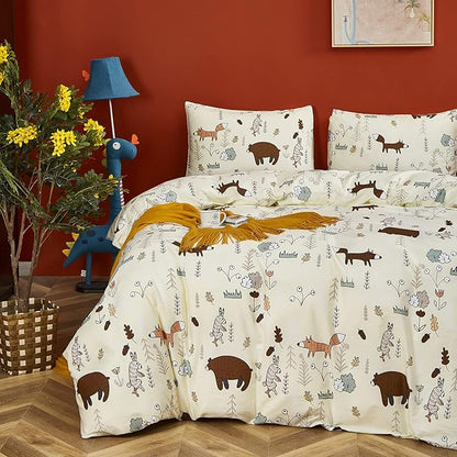 CLOTHKNOW Kids Queen Comforter Set Yellow Bedding Comforter Sets Animal Fox Woodland Forest Comforter with 2 x Pillow Cases