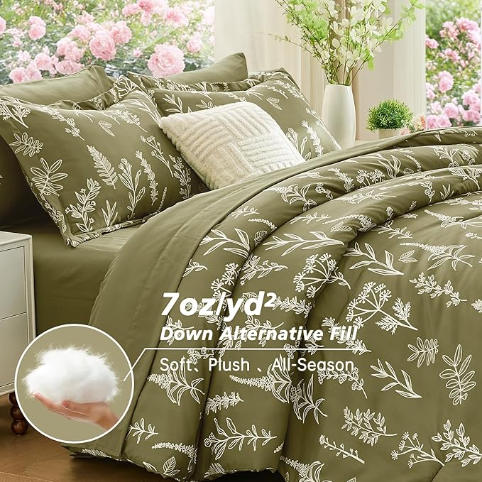 MUXHOMO Olive Green Full Comforter Set, Elegant Floral Print Bed in a Bag 7 Pieces, Ultra Soft & Breathable Reversible Botanical Pattern Bedding Set with Comforter, Sheets, Pillowcases, and Shams