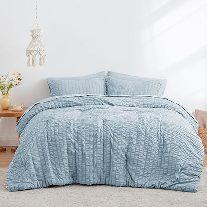 Love's cabin Seersucker Light Blue California King Comforter Set, 7-Piece All Season Lightweight Bed in a Bag Bedding Set with Comforter, Flat Sheet, Fitted Sheet, Pillowcases and Shams | Soft, Breathable, Lightweight