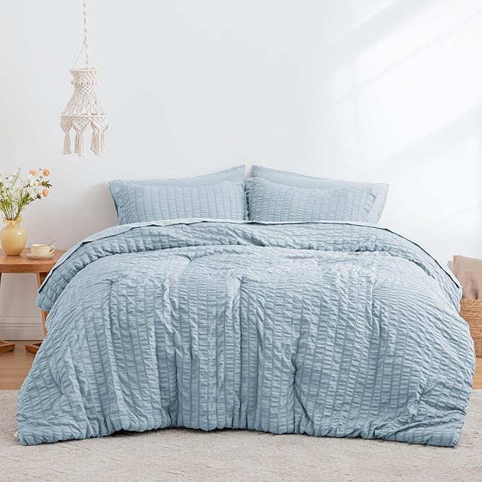 Love's cabin Seersucker Light Blue Twin XL Comforter Set, 5-Piece All Season Lightweight Bed in a Bag Bedding Set with Comforter, Flat Sheet, Fitted Sheet, Pillowcase and Sham | Soft, Breathable, Lightweight
