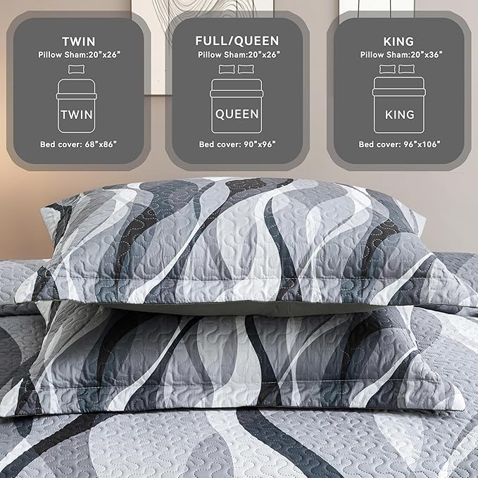weesire Classic Line Pattern Bedding Quilt Queen Size Modern Grey Black and White Stripe Quilt with 2 Shams, Gray and White Comforter Sets Lightweight Breathable Bedspreads Coverlet, 90''x96''
