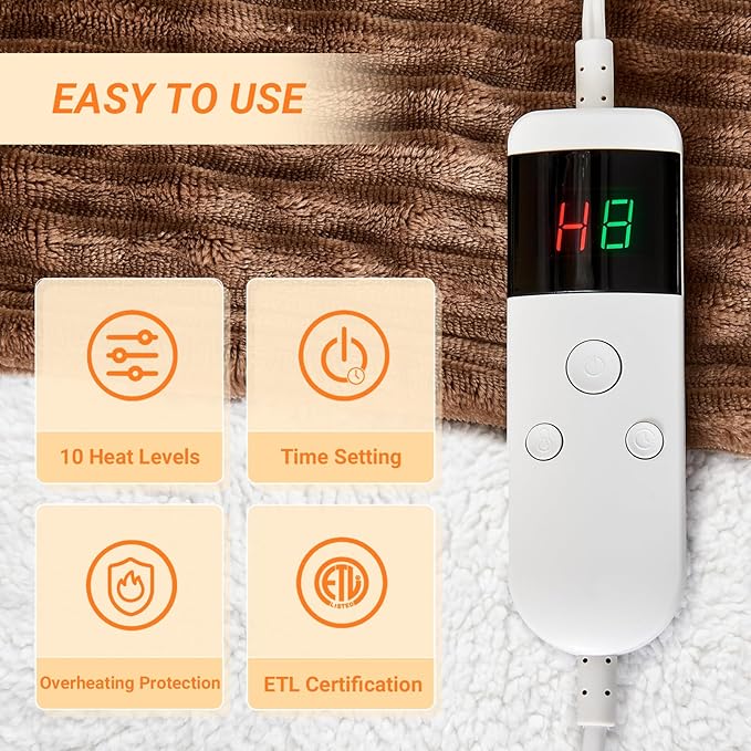 Heated Blanket Electric Queen, Soft Flannel Heating Blanket with 8 Hours Auto Off 10 Fast Heating Levels Machine Washable Sherpa Heated Blanket with Overheating Protection