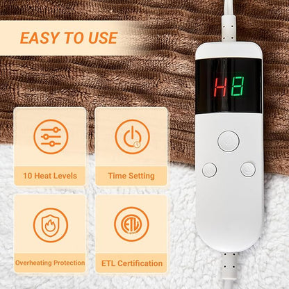 Heated Blanket Electric Full, Soft Flannel Heating Blanket with 8 Hours Auto Off 10 Fast Heating Levels Machine Washable Sherpa Heated Blanket with Overheating Protection