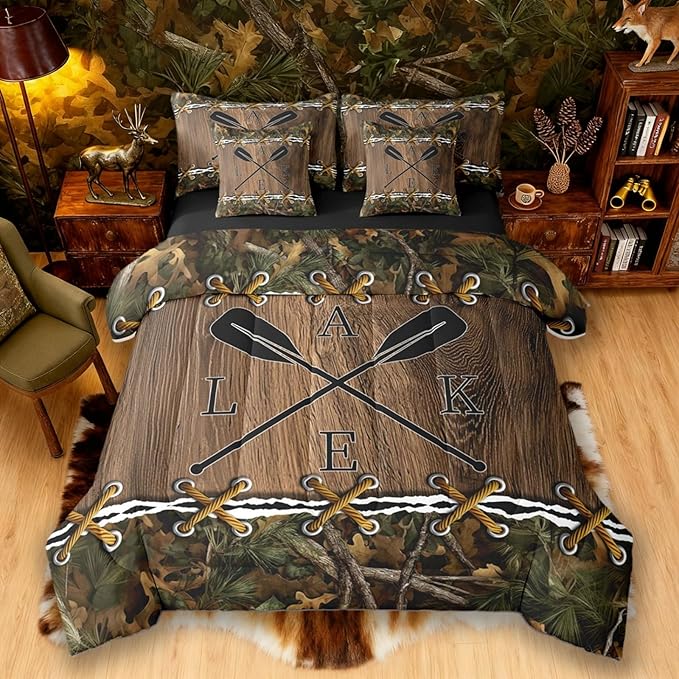 Camo Comforter Set 7 Piece Bed in a Bag Twin | Lake Paddle Bedding Sets Mens Country Comforter and Sheet Set, Woodland Animals Farmhouse Bed Sets,Camouflage Cabin Hunting Decor Camo Bed Set