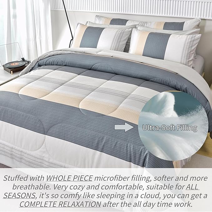 RYNGHIPY Queen Size Comforter Set Beige Grey Striped Men Boys Bedding Set Soft All Season Down Alternative Comforter Bedding Sets (Queen,Beige Grey)