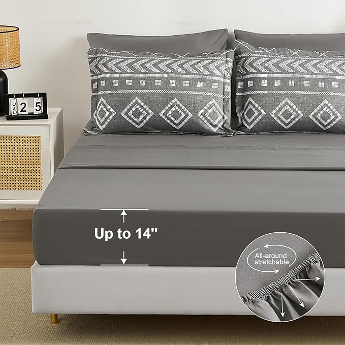 Yiran Boho Full Size Comforter Set, Grey Aztec Comforter Bedding Set, 7 Piece Bed in a Bag, Soft Microfiber Bohemian Striped Complete Bedding Set with Sheets for All Season