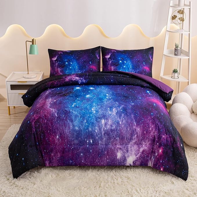 MWMWMW Galaxy Comforter Set Queen, Purple Queen Comforter Set, Kids Bedding Set for Girls, 3 Pieces Purple Galaxy Beddingt Sets with 2 Matching Pillowcases