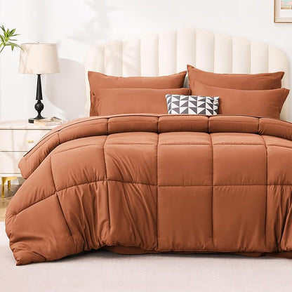 Love's cabin Twin XL Comforter Set Burnt Orange, 5 Pieces Twin XL Bed in a Bag, All Season Bedding Sets with 1 Comforter, 1 Flat Sheet, 1 Fitted Sheet, 1 Pillowcase and 1 Pillow Sham