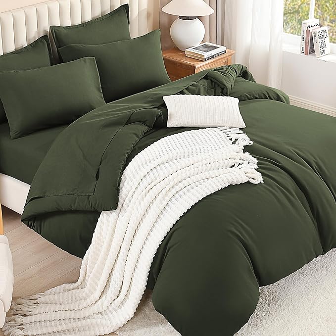 Litanika Comforter Full Size Set Olive Green - 7 Pieces Bed in a Bag Full Bedding Comforter Sets, Plain Lightweight Bed Set with Comforter, Sheets, Pillowcases & Shams