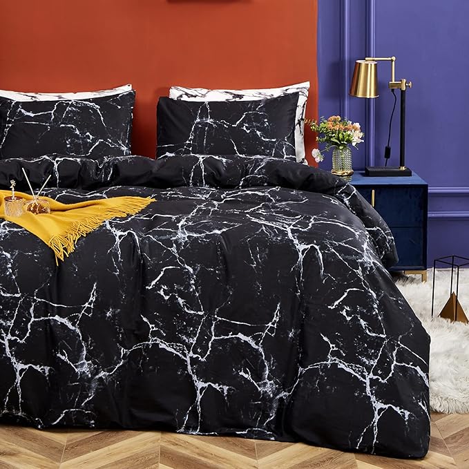 CLOTHKNOW Black White Queen Comforter Set Marble Bedding Comforter Sets Abstract Comforter Queen Men Women Black Queen Size Comforter Sets