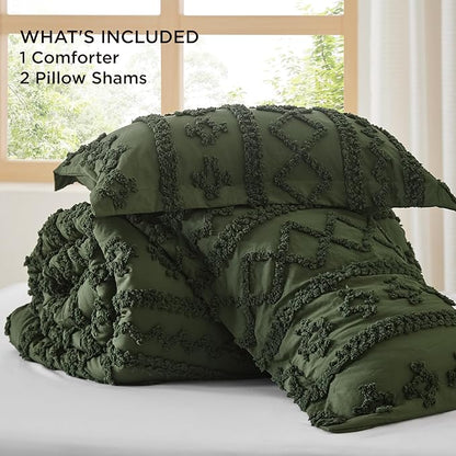 Bedsure Tufted Boho Comforter Set Oversized Queen - Olive Green Boho Bed Set, GentleSoft™ 3 Pieces Farmhouse Shabby Chic Embroidery Bedding, Gifts for Woman, Soft Jacquard Comforter for All Seasons