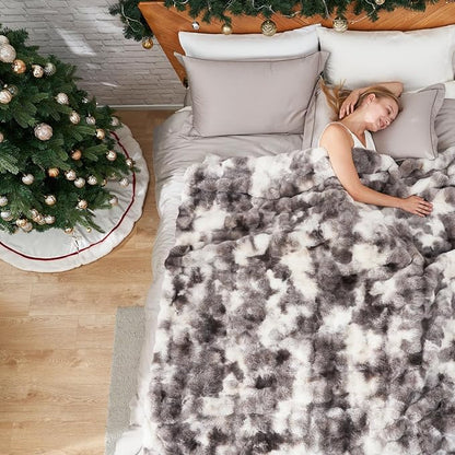 Cozy Bliss Faux Fur Throw Blanket for Bed King Size, Fuzzy Soft Plush Thick Bubble Blanket for Sofa Bedroom Living Room, 90 * 90 Inches Tie Dye Taupe