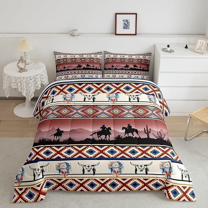 Erosebridal Horse Decor Western Comforter Set King,Farm Animals Quilt Indian Tribal Geometric Aztec Bedding Sets,Exotic Dream Catcher Feather Duvet Insert Farmhouse Western Room Decor,Red