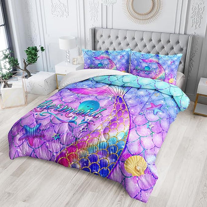 Colorful Mermaid Tail Comforter Set - Full Size Kids Bedding with Fish Scales Pattern - All Season Comforter and 2 Pillowcases
