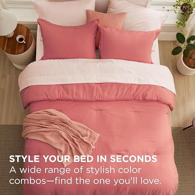 Bedsure Full Size Comforter Set - 7 Pieces Coral Full Bedding Set for All Seasons, Boho Contrasting Design Bed in a Bag with Comforter, Sheets, Pillowcases & Shams