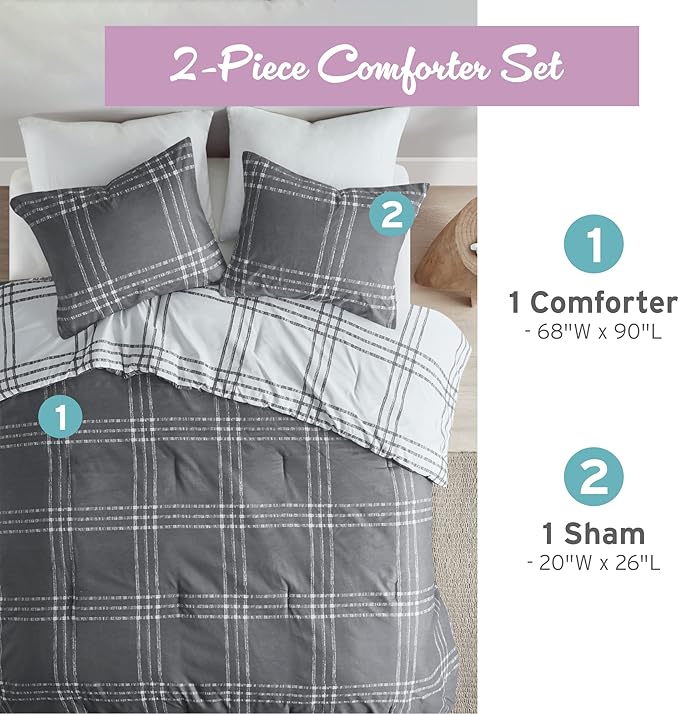 Intelligent Design Pike Reversible Comforter Set, Cottage Plaid Print, Modern Cabin Lifestyle, Down Alternative, All Season Bedding with Matching Sham, Twin/Twin XL White/Grey 2 Piece