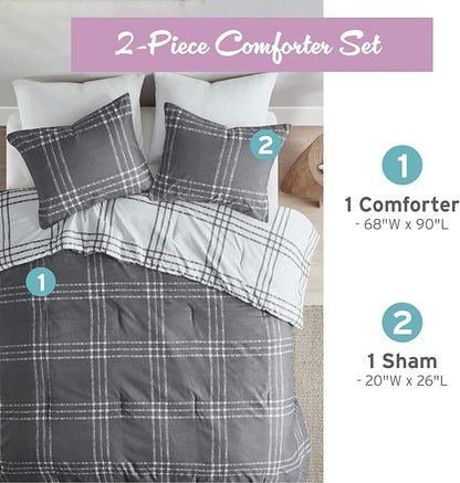 Intelligent Design Pike Reversible Comforter Set, Cottage Plaid Print, Modern Cabin Lifestyle, Down Alternative, All Season Bedding with Matching Sham, Twin/Twin XL White/Grey 2 Piece