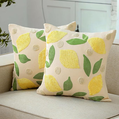 2 Pcs Lemon Embroidered Pillow Covers 18 x 18 Inch Summer Fruit Jacquard Decorative Pillow Covers, Green Leaf and Lemon Farmhouse Soft Plush Pillowcase for Sofa Bed