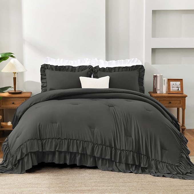 Andency Dark Grey Twin Size Comforter Set(66x90Inch), 2 Pieces(1 Ruffle Comforter and 1 Pillowcase) Lightweight Fluffy Bedding Comforter Sets, All Season Soft Microfiber Bedding Set