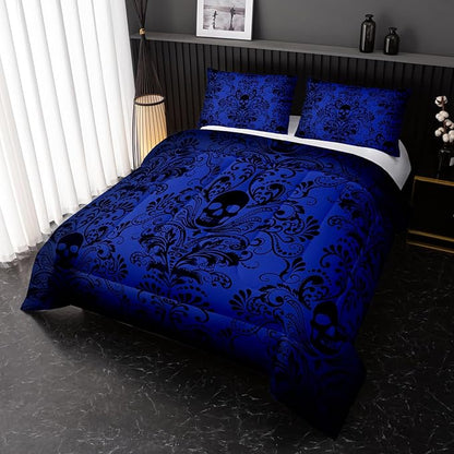 Adults Blue Gothic Comforter Set Full Size,Vintage Damask Floral Bedding Set 3Pcs,Bohemia Bedding Set Goth Skull Printed Quilted Set for Teens Adult with 1 Comforter and 2 Pillowcase