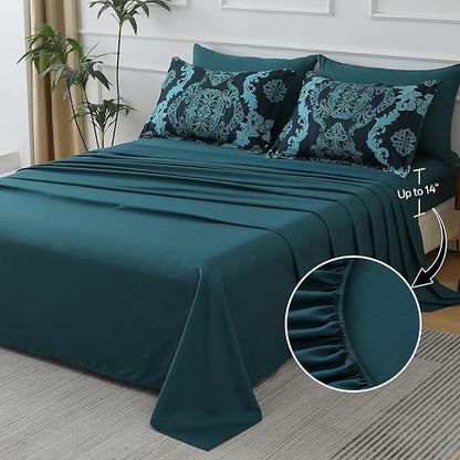WONGS BEDDING 7 Piece King Comforter Set, Teal Texture Breathable Microfiber Comforter Bedding Set for All Season, Damask Bed in a Bag with Comforter, Flat Sheet, Fitted Sheet, Pillowcases & Shams