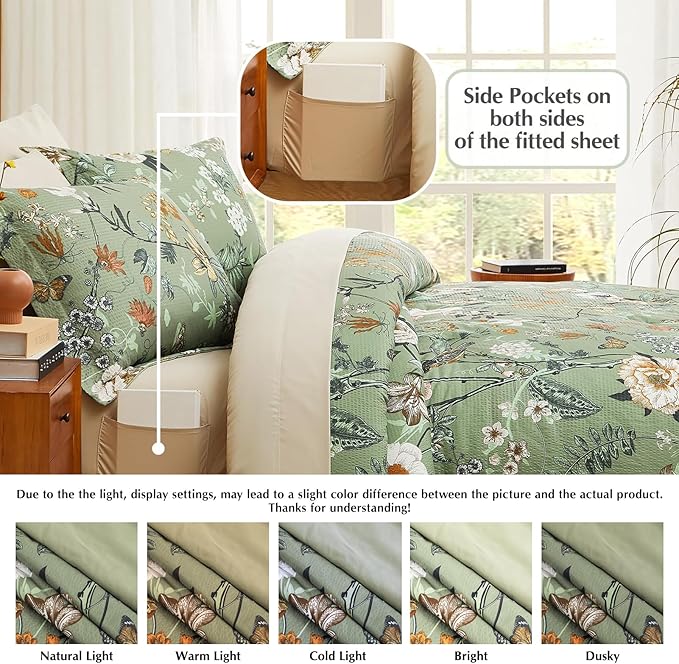 CASAAGUSTO Full Size Comforter Sets-7 Pieces Green Floral Bedding Sets, Bed in a Bag Full with Botanical Butterfly Comforter, Sheets, Pillowcases & Shams for All Seasons