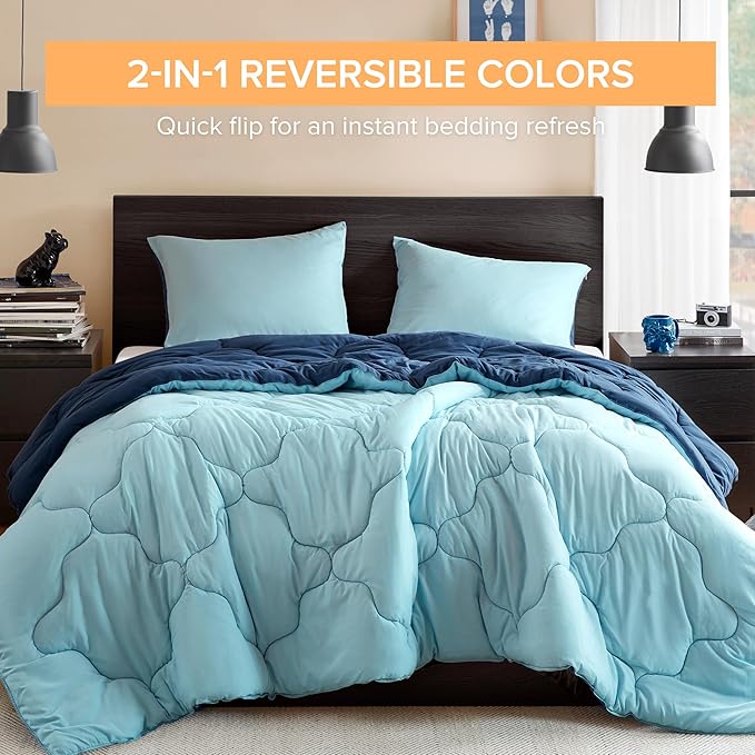 Comfort Spaces Queen Comforter Set Vibrant Reversible Comforters Queen Size Quilted Bedding Set, All Season Lightweight Bedding, Soft Microfiber Comforter, Vixie, Navy/Light Blue Full/Queen 3 Piece