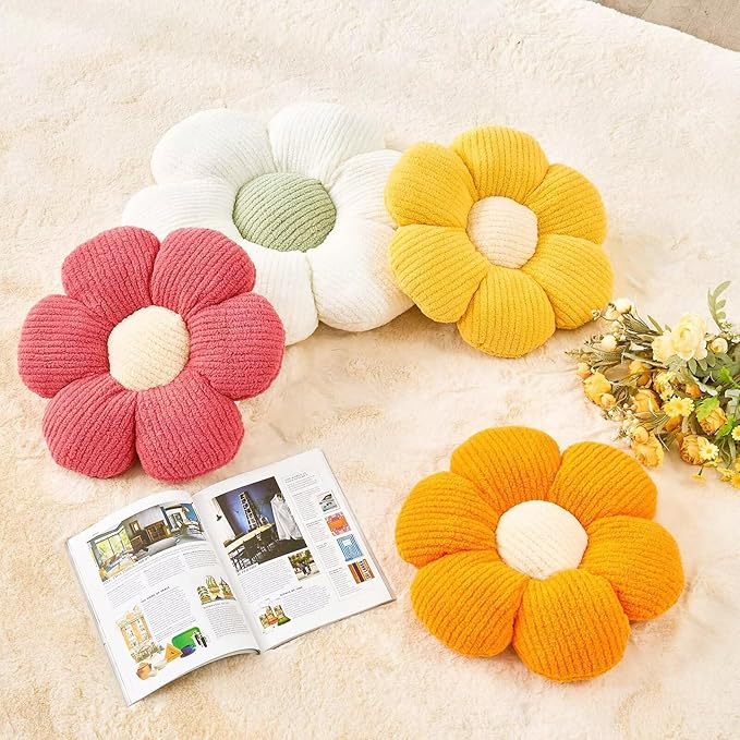 Flower Throw Pillow, Soft Yellow 17.7" Shaped Floor Pillow for Home Decor, Cute Aesthetic Plush Decorative Pillows for Bed, Sofa, Couch