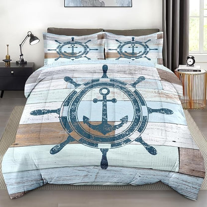 Comforter Set Queen Size, Vintage Wheel Anchor 3 Pcs Soft Bedding Set for Kids and Adults, Retro Blue Sea Woodboard Comforter Set with 2 Pillowcases, for Bedroom Bed Decor