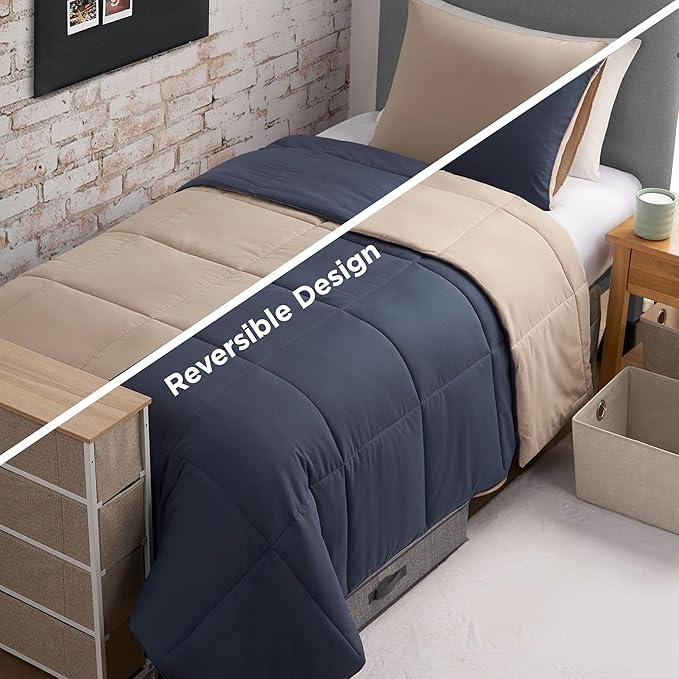Reversible Box Stitch Comforter Set, 3-Piece King – Navy Blue/Tan – Stylish Bedding Set