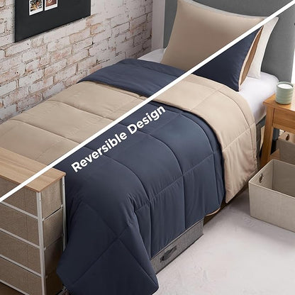 Reversible Box Stitch Comforter Set, 3-Piece Full/Queen – Navy Blue/Tan – Stylish Bedding Set