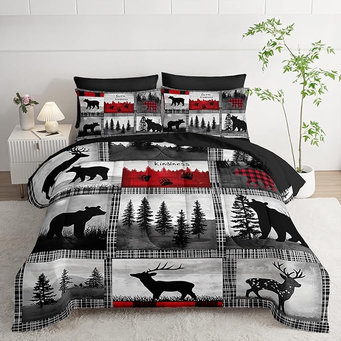 7 Piece Wildlife Bear Deer Queen Set Comforter，Rustic Cabin Queen Size Bedding Sets Comforter and Sheets