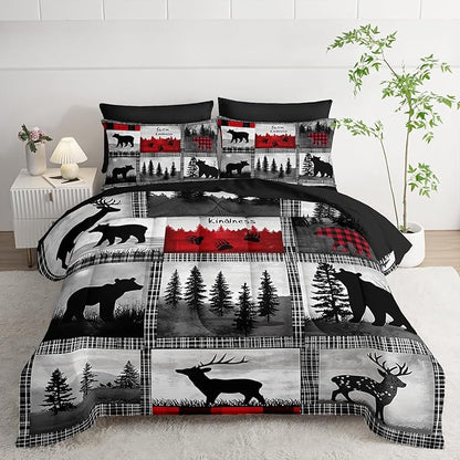 7 Piece Wildlife Bear Deer Queen Set Comforter，Rustic Cabin Queen Size Bedding Sets Comforter and Sheets