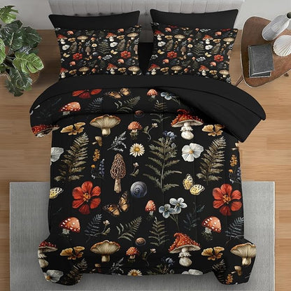 Comforter Set King Size, Woodland Mushroom 7 Pcs Bedding for Kids and Adults, Fern Plants Botanical Bed Sheet Sets with Fitted Sheet 2 Pillowcases & 2 Shams for Bedroom Bed Decor