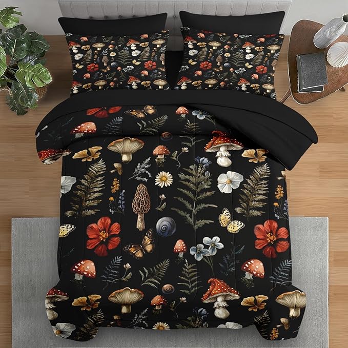 Comforter Set Full Size, Woodland Mushroom 7 Pcs Bedding for Kids and Adults, Fern Plants Botanical Bed Sheet Sets with Fitted Sheet 2 Pillowcases & 2 Shams for Bedroom Bed Decor