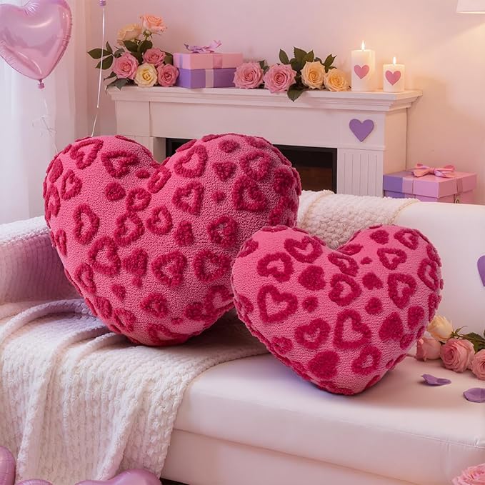 Lanpn Valentines Day Heart Pillows 2Pcs, Love Heart Shaped Pillow Plush Throw Pillow Heart Decorative Cushion for Holiday Home Couch Bed Sofa Valentine's Day Decor (Hot Pink, 16.5x12in/14x10.5in)