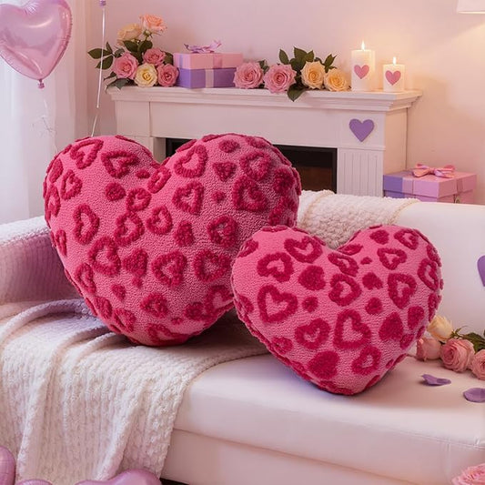 Lanpn Valentines Day Heart Pillows 2Pcs, Love Heart Shaped Pillow Plush Throw Pillow Heart Decorative Cushion for Holiday Home Couch Bed Sofa Valentine's Day Decor (Hot Pink, 16.5x12in/14x10.5in)