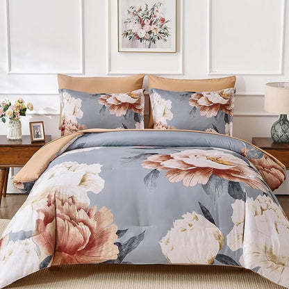 Dobuyly Floral Comforter Set Queen, Brown Flower Printed on Grey Comforter Set with Sheets, 7 Piece Botanical Bed in a Bag, Soft Microfiber Farmhouse Bedding Set for All Season