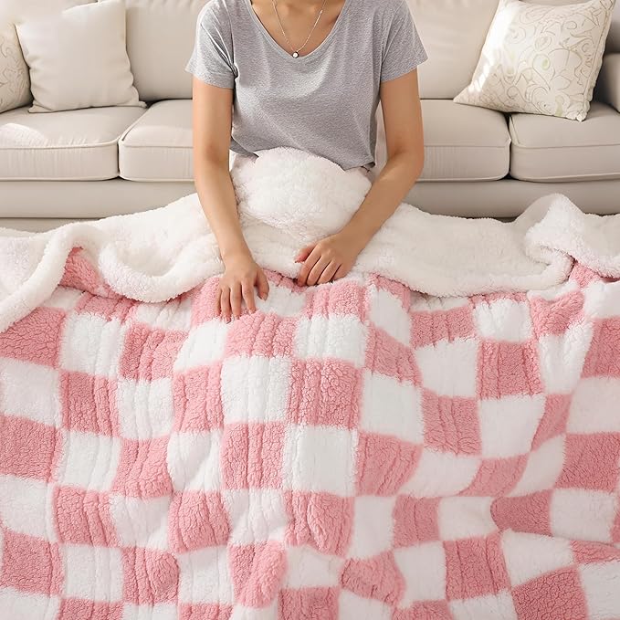 Electric Heated Blanket Full Size 72"×84" with 9 Heating Levels & 1-10Hs Auto Off, Checkered Plaid Double Sided Sherpa, Energy Efficient, Machine Washable, for Couch & Bed, Light Pink