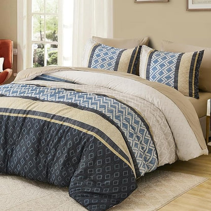 Cottolester Boho Comforter Set King Size,Grey Blue Striped Bed in a Bag,Plaid Comforter and Sheet Set,Soft Microfiber Complete Bedding Sets