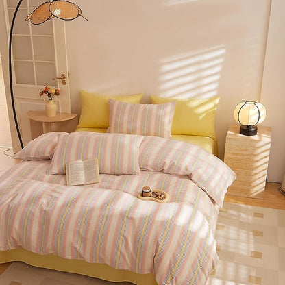 HighBuy Full Comforter Set 3 Pieces Pink Striped Comforter Set Geometric Stripes Printed Bedding Comforter for Boys Girls Fluffy Soft Lightweight Striped Bedding Set Full