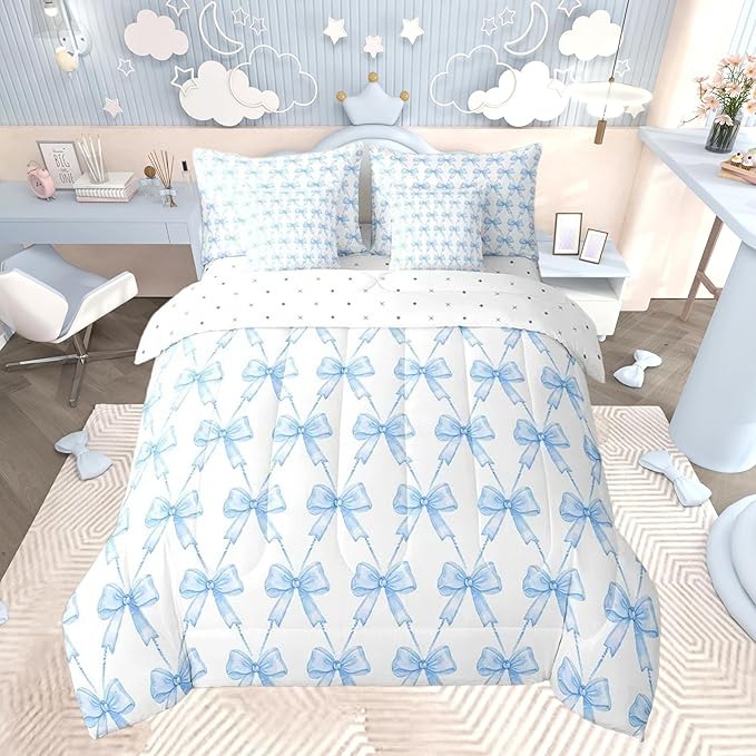 Feelyou Blue Bow 7 Piece Bedding Set Twin Size Cute Bowknot Twin Comforter Set with Sheets Boys Girls Kawaii Bed in a Bag Breathable Soft Lightweight Microfiber