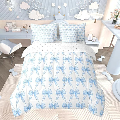 Feelyou Blue Bow 7 Piece Bedding Set Twin Size Cute Bowknot Twin Comforter Set with Sheets Boys Girls Kawaii Bed in a Bag Breathable Soft Lightweight Microfiber