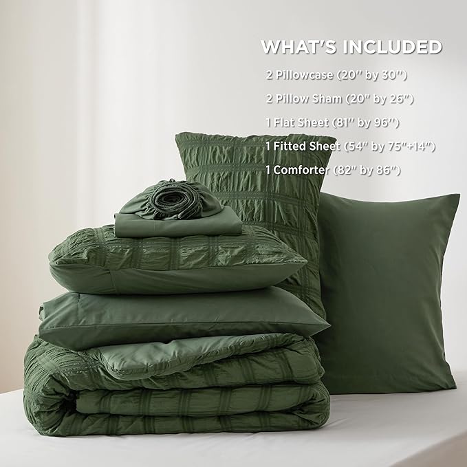 Bedsure Bed in a Bag Full - 7 Pieces Plaid Seersucker Bedding Comforter Sets, Soft Lightweight Olive Green Boho Bed Set with Comforters Full Size, Sheets, Pillowcases & Shams