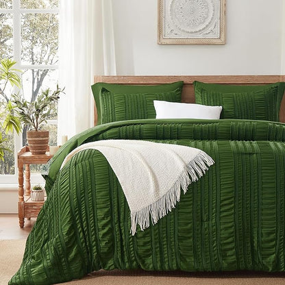 Dark Green Tufted Textured Comforter Set Queen Size, 7 Piece Bed in a Bag，Shabby Chic Boho Bedding for Bedroom Comforter，All Season Soft Microfiber Ruffle Comforter Set with Pillow and Sheets